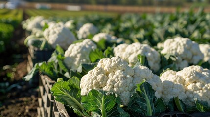 Wall Mural - A Close-Up View of Ripe Caulifower Heads in a Field