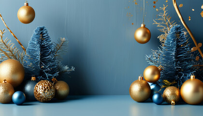 Modern Christmas background with matte blue and gold decorations for modern designs