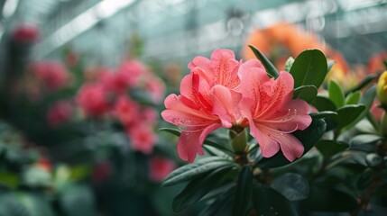 Wall Mural - two pink flowers in a greenhouse setting