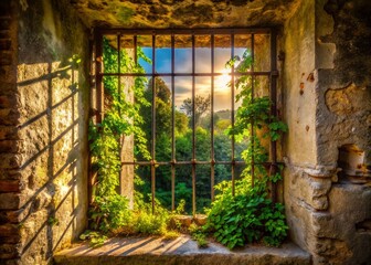 Captivating Drone View of an Old Jail Window Surrounded by Nature's Embrace