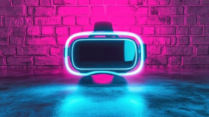 Poster - VR Headset with Neon Glow Against Pink Brick Wall