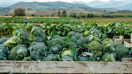 Canvas Print - Freshly Harvested Broccoli in a Wooden Crate Against a Green Hill Background