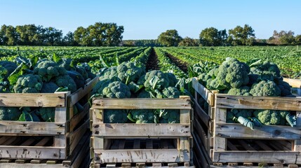 Canvas Print - Freshly Harvested Broccoli in Wooden Crates on a Farm