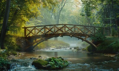 Wall Mural - Rustic wooden bridge over a tranquil river in a forest, 4K hyperrealistic photo