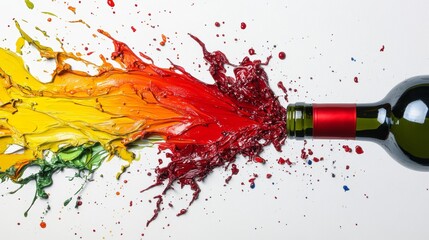 Abstract wine bottle art, colorful paint splatter design modern, creative, and artistic