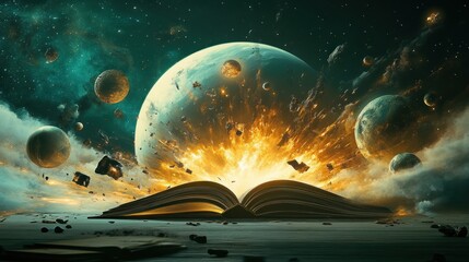 Poster - An Open Book Revealing A Cosmic Explosion With Planets And Stars