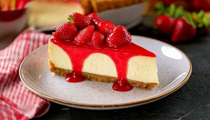 Wall Mural - Classic cheesecake slice with a graham cracker crust, topped with a glossy strawberry