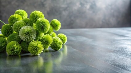 Wall Mural - Fluffy soft green decorative flowers on a gray metal table