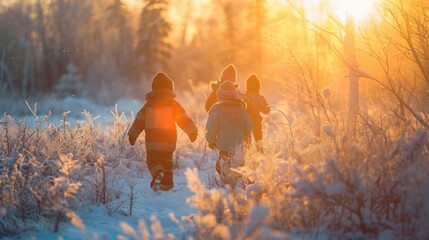 Sticker - Children Walking Through a Snowy Forest at Sunset