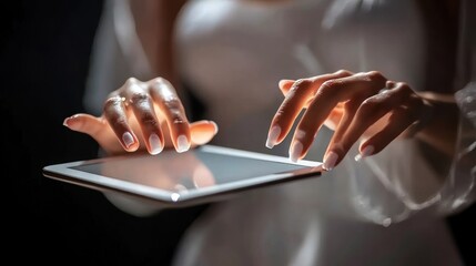 Aufkleber - Woman's Hands Using a Digital Tablet with White Nails