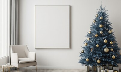 Wall Mural - A white room with a blue Christmas tree and a chair