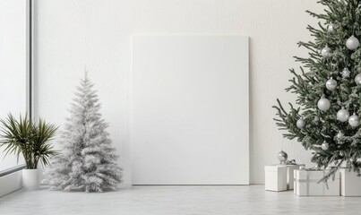 Wall Mural - A white wall with a white frame and a white Christmas tree in the background