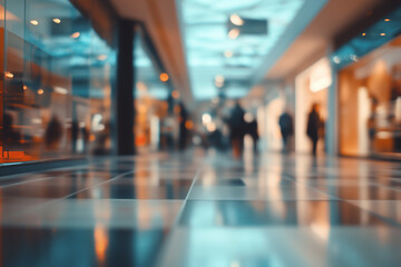 Blurred background of a modern shopping mall with people walking and some glass railings in the foreground.