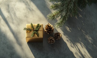 A gold box with a green ribbon sits on a grey surface