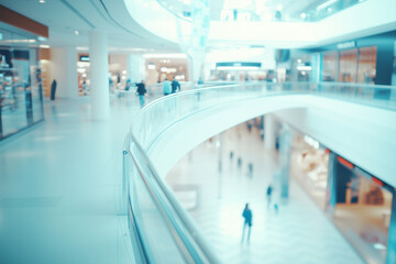 Wall Mural - Blurred background of a modern shopping mall with people walking and some glass railings in the foreground.