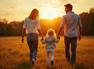 Family Walking Hand in Hand at Sunset – A Symbolic Photo of Happiness, Love, and Family Bonds