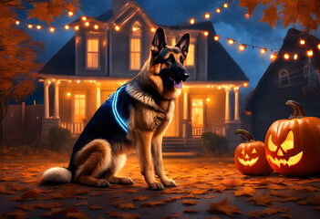 A German Shepherd wearing a small pumpkin hat and glowing blue eyes stands in front of a house decorated with Halloween lights.