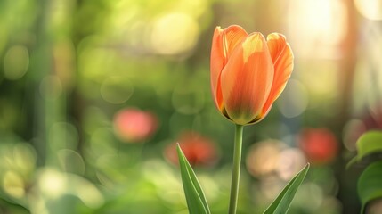 Wall Mural - single orange tulip with blurred green background