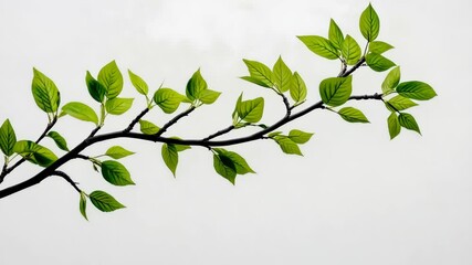 a tree branch with green leaves extends across a light gray sky