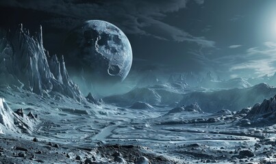Wall Mural - lunar-like landscape with rugged mountains and barren rocks, 4k hyperrealistic photo