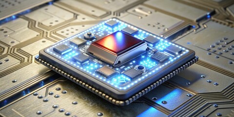 Poster - Closeup of a Futuristic EV Chip on Circuit Board with Red and Blue Lights – Advanced Technology