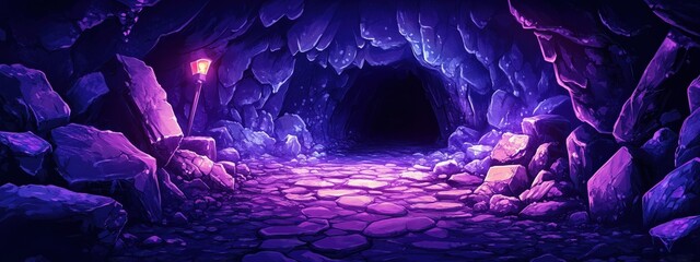 Cave mine tunnel background underground dark wall rock gem entrance. Inside cave landscape mine tunnel treasure shaft mountain illustration game crystal cartoon light fantasy ore purple construction