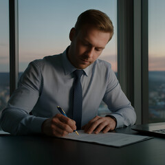 A businessman in a suit signing important documents with a pen at his desk.