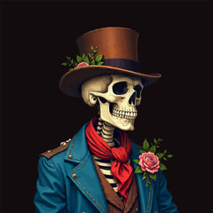 A skeleton in a top hat with roses happy Halloween theme vector illustration. editable vector handsome skeleton with roses 