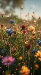 Sticker - Serene field of wildflowers aglow with firefly magic, 4K hyperrealistic photo