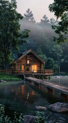 Sticker - Serene lakeside cabin with a wooden dock, 4K hyperrealistic photo