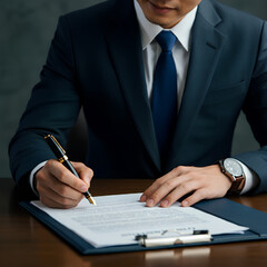 A businessman in a suit signing important documents with a pen at his desk.