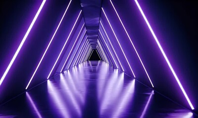 Fototapete - Abstract background with neon glowing motion lines in blue and purple colors. Futuristic geometric tunnel, portal, or corridor.
