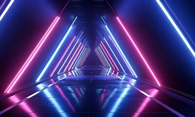 Fototapete - Abstract background with neon glowing motion lines in blue and purple colors. Futuristic geometric tunnel, portal, or corridor.