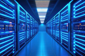 Futuristic server room illuminated with blue lights, showcasing advanced technology.