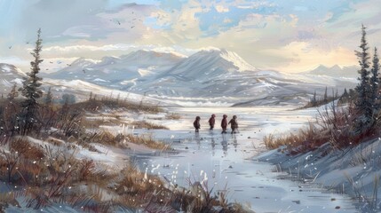 Sticker - A Winter Scene With Four People Walking on Frozen Water In Front of Mountains