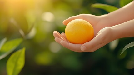 Wall Mural - A Hand Holding a Fresh and Juicy Orange Against the Warm Sunlight with a Lush Green Background in Natures Splendor