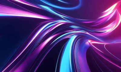 Fototapete - Abstract background with neon glowing lines in curved shapes on a dark blue and purple background,