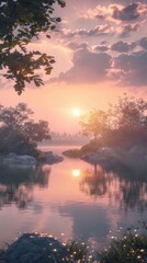 Sticker - Serene sunset over a tranquil lake, 4K hyperrealistic photo