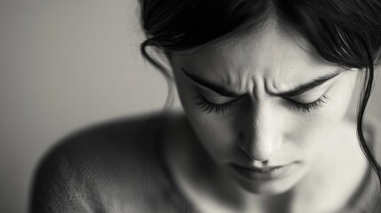 A minimalist black and white portrait capturing a woman's quiet despair in a simple, isolated setting