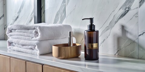 Canvas Print - Elegant toiletries set on a tiled bathroom counter.