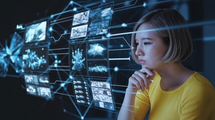 Woman analyzing data on a futuristic interface with digital elements.