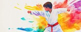 Young boy practicing martial arts with colorful splash background.