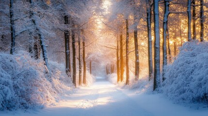 Wall Mural - Snow-covered trees in a serene forest during early morning with soft light filtering through the branches
