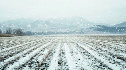 Wall Mural - Snow gently falling on an open field, with distant mountains barely visible through the mist
