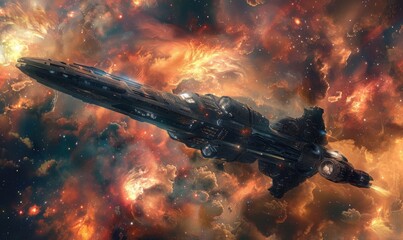 Wall Mural - massive starship in a cosmic nebula, 4k hyperrealistic photo