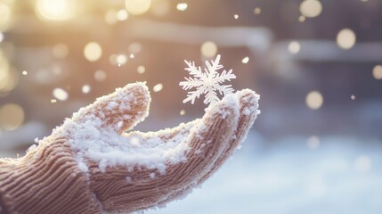 Wall Mural - Close-up of snowflakes landing on a personâ€™s gloved hand, with soft natural light in the background