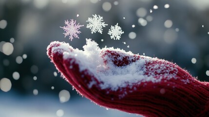 Wall Mural - Close-up of snowflakes landing on a personâ€™s gloved hand, with soft natural light in the background