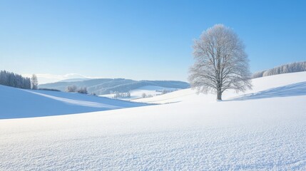 Wall Mural - A peaceful winter landscape with snow-covered hills and a lone tree in the distance