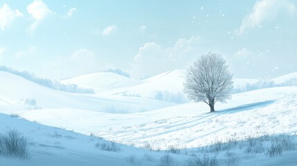 Wall Mural - A peaceful winter landscape with snow-covered hills and a lone tree in the distance