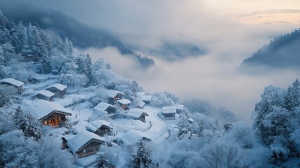 Wall Mural - A quiet village blanketed in snow, with soft light streaming through the clouds above